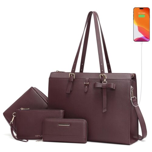 Keyli 4pc Sets Laptop Bag for Women Large Leather Laptop Briefcase with USB Charging Port Computer Shoulder tote Bags Purse
