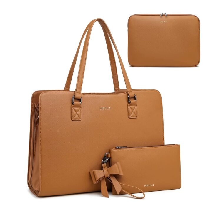 Keyli 4pc Sets Laptop Bag for Women Large Leather Laptop Briefcase with USB Charging Port Computer Shoulder tote Bags Purse