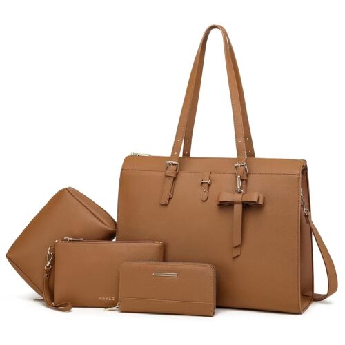 Keyli 4pc Sets Laptop Bag for Women Large Leather Laptop Briefcase with USB Charging Port Computer Shoulder tote Bags Purse