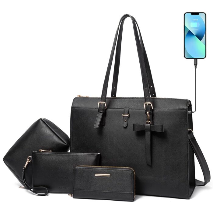 Keyli 4pc Sets Laptop Bag for Women Large Leather Laptop Briefcase with USB Charging Port Computer Shoulder tote Bags Purse