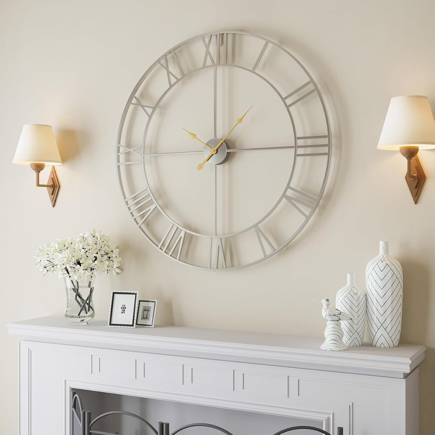 Large 36 Inch Wall Clock Silver, Modern Decorative Metal Wall Clocks for Living Room, Completely Silent Non Ticking Battery-Operated Roman Numeral Analog Round Clocks