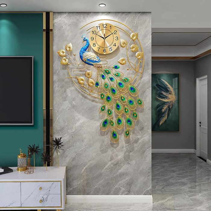 Large Peacock Wall Clock 36.6 inch Metal Design Non-Ticking Silent Art Digital Wall Clocks for Living Room Decor (Yellow&Green)