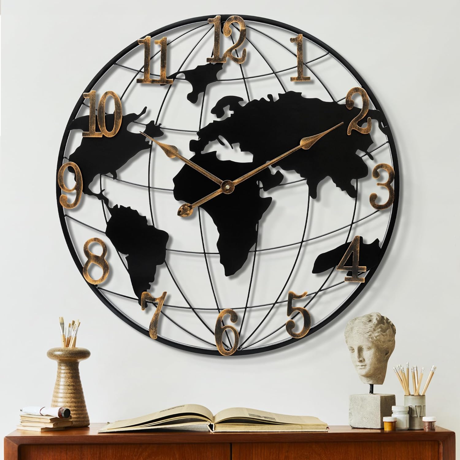 Large Wall Clock – 20 Inch World Map Minimalist Modern Round Metal Wall Clock Silent Non-Ticking Battery Operated Wall Clocks for Living Room Kitchen Office Farmhouse Home Decor