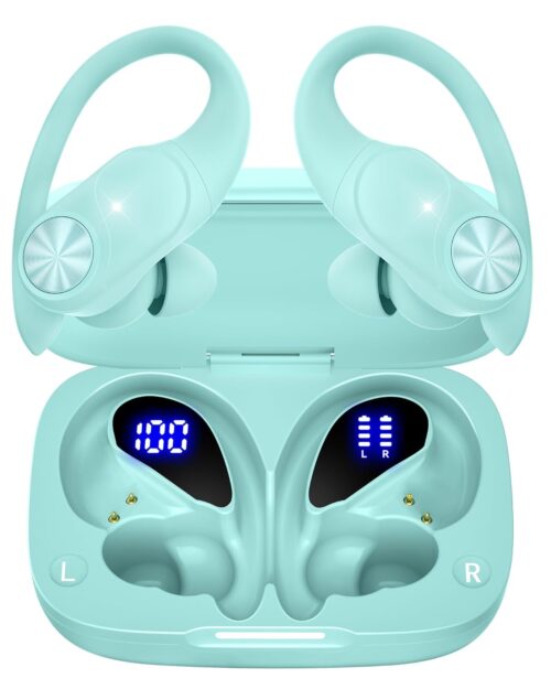 PocBuds Bluetooth Headphones Wireless Earbuds 80hrs Playtime Wireless Charging Case Digital Display Sport Ear buds with Earhook Deep Bass IPX7 Waterproof Over-Ear Earphones for...