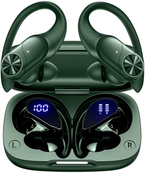PocBuds Bluetooth Headphones Wireless Earbuds 80hrs Playtime Wireless Charging Case Digital Display Sports Ear Buds with Earhook Deep Bass IPX7 Waterproof Over-Ear Earphones for...