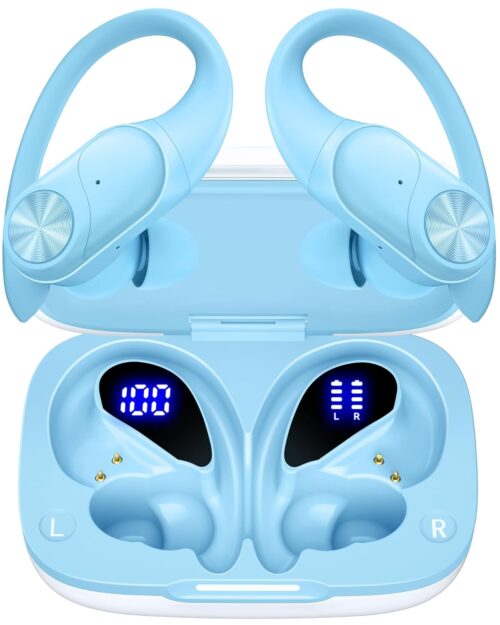 PocBuds Bluetooth Headphones Wireless Earbuds 80hrs Playtime Wireless Charging Case Digital Display Sports Ear Buds with Earhook Deep Bass IPX7 Waterproof Over-Ear Earphones for...