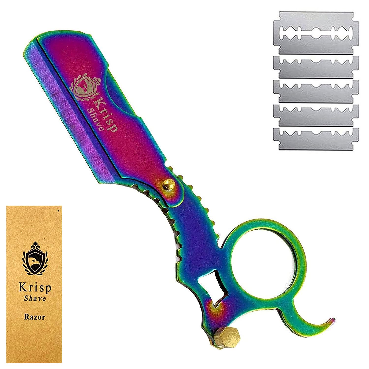 Professional Classic Straight Edge Barber Razor For Close Shaving -Salon Quality Men’s Beard Cut Throat Finger Razor Shavette With 10 Shaving Blades By Krisp Shave (Titanium…