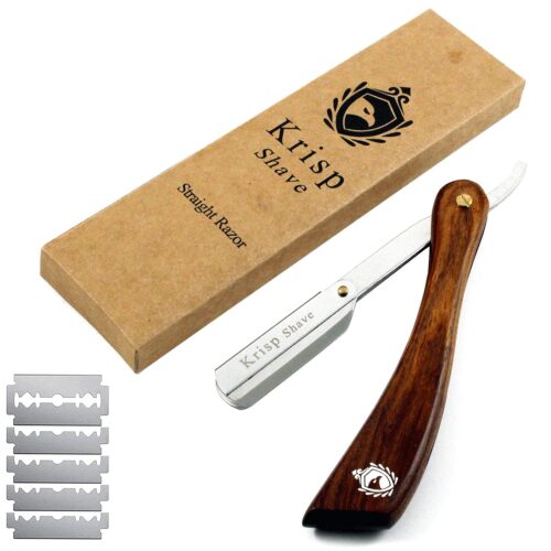Professional Straight Edge Shaving Razor Safety - Krisp Beauty Natural Wood Handle Wet Shave Manual Shavette Razor For Men Barber Salon Quality Stainless Steel with 5 Double...