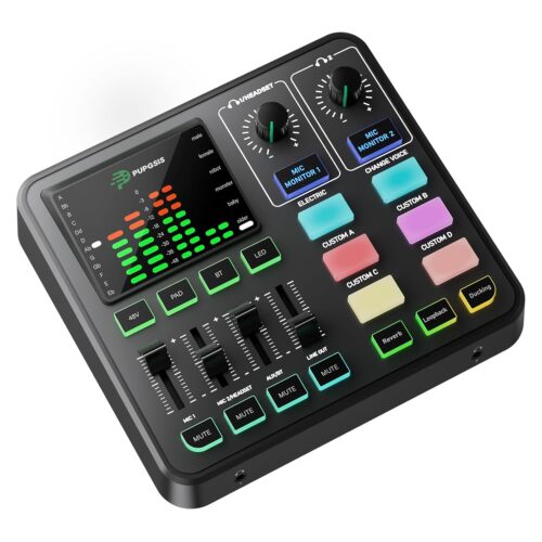PUPGSIS Gaming Audio Mixer, Audio Interface for PC/Podcast/Streaming, Sound Board with 3.5mm/XLR Mic Input, 48V Phantom Power, Voice Changer, Live Sound Card with DJ Mixer...