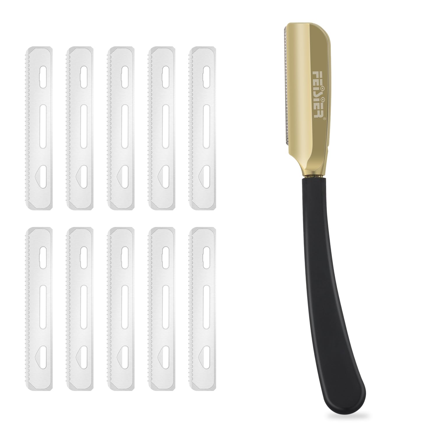 Silicone Handle Straight Edge Shaving Razor with Guard,Stainless Steel Barber Razor for Men,Salon Cut Throat Shavette,10 Guarded Blades Included