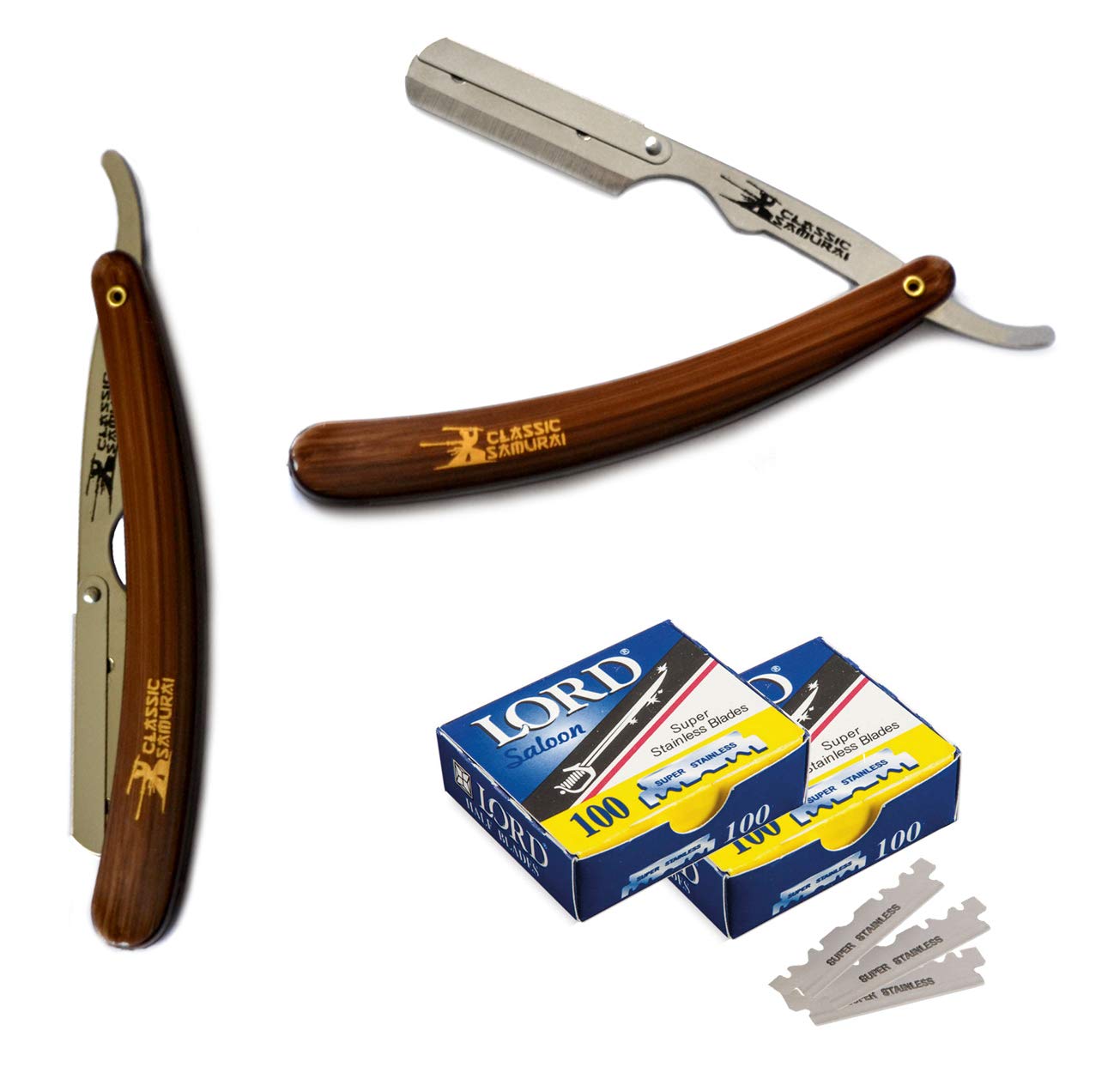 Stainless Steel Professional Barber Folding Straight Edge Razor Shavette Men’s Shaving Kit with 200 Count Lord Single Edge Razor Blades (Brown)