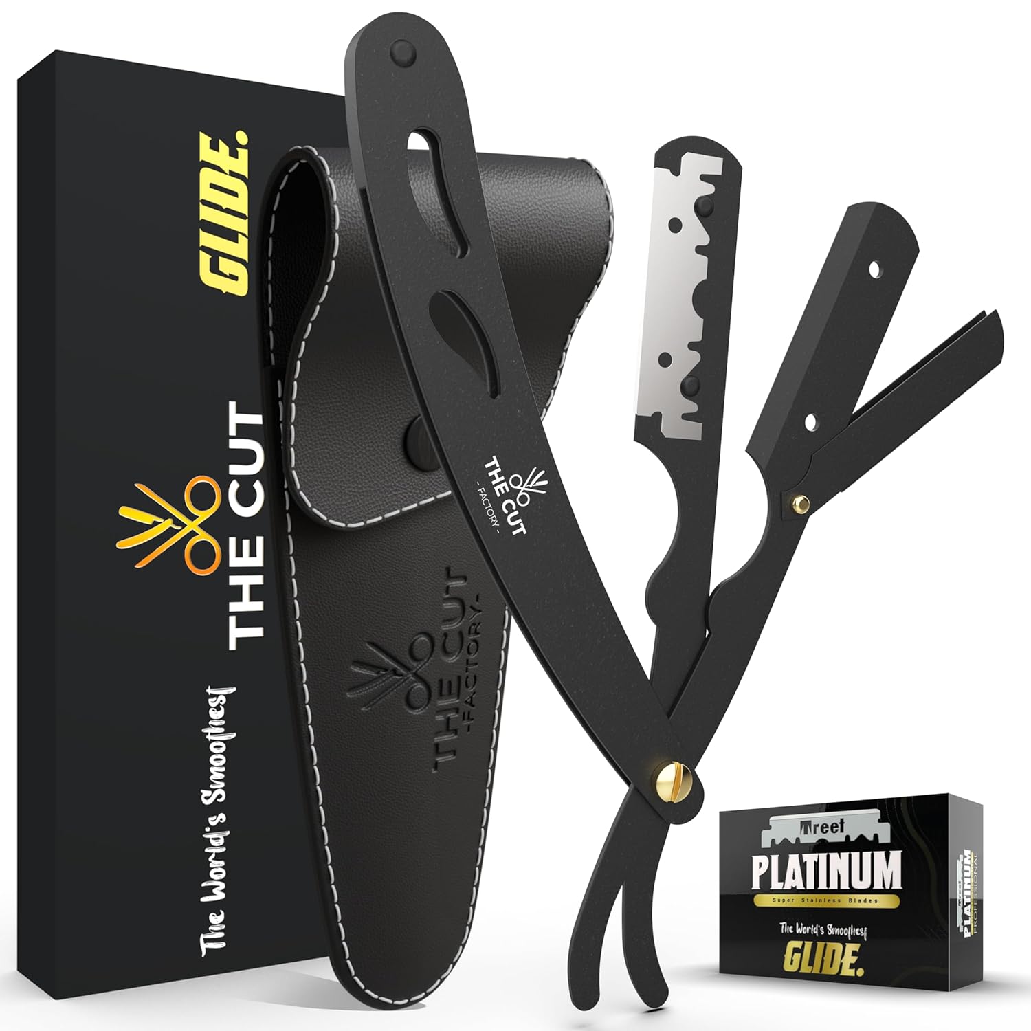 The Cut- Factory- Top of The Line Straight Razors for Men with Ultra Sharp Single Edge Blades Premium Matte Black Coated Barber Straight Razor with Leather Pouch and Gift Box