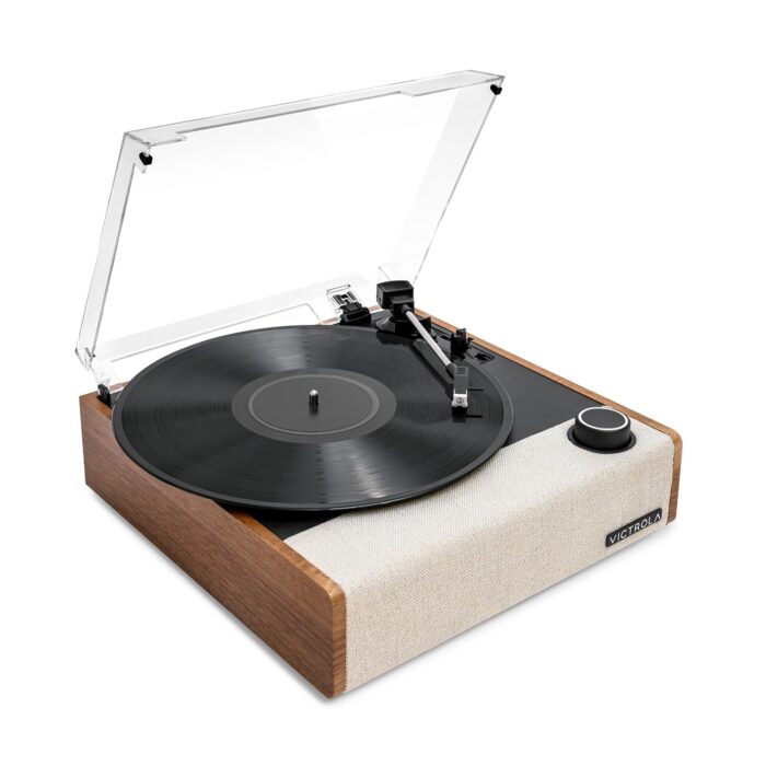 Victrola Eastwood II Record Player with Speakers – Bluetooth 5.1 and Vinyl Stream Technology, Vintage Style 3-Speed Vinyl Player, Audio Technica AT-3600LA Cartridge, Oak Finish