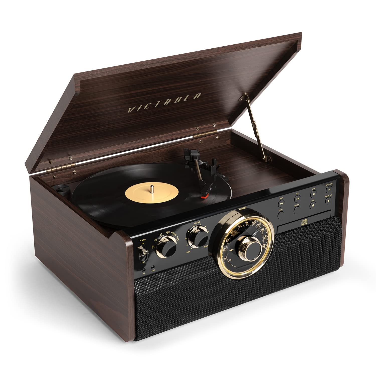 Victrola Empire Mid-Century 6-in-1 Turntable & Multimedia Center with Built-in Speakers – 3 Speed, Bluetooth Connectivity, Radio, Cassette & CD Player, RCA Out, Headphone Jack,…