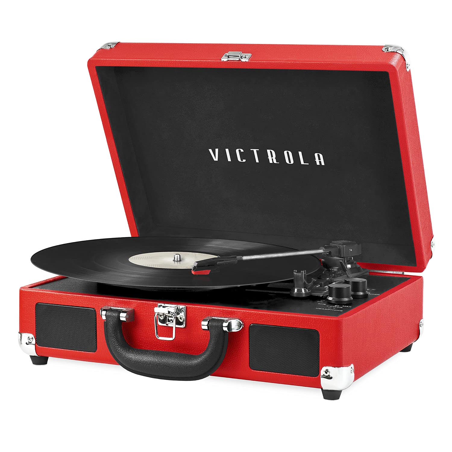 Victrola Journey Bluetooth Portable Suitcase Record Player – with Built-in Speakers, 3 Speed Vinyl Record Player, RCA Out, Headphone Jack, Red