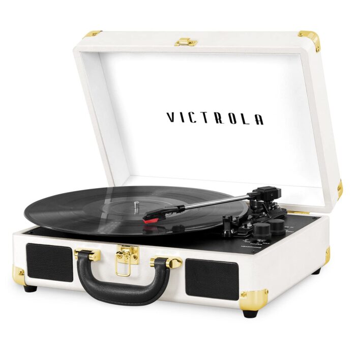 Victrola Journey Bluetooth Portable Suitcase Record Player – with Built-in Speakers, 3 Speed Vinyl Record Player, RCA Out, Headphone Jack, White