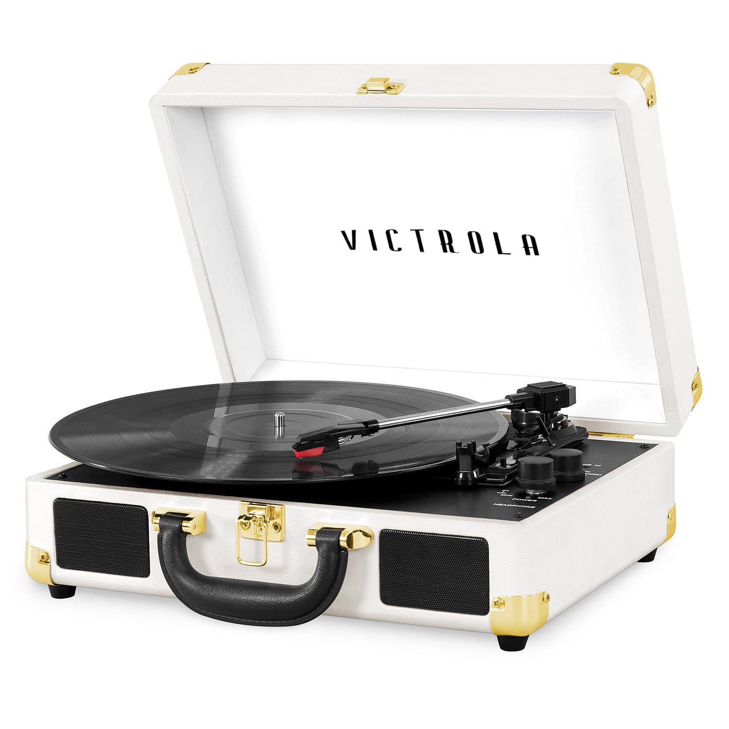 Victrola Journey Bluetooth Portable Suitcase Record Player – with Built-in Speakers, 3 Speed Vinyl Record Player, RCA Out, Headphone Jack, White
