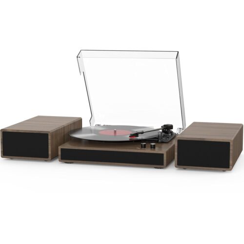 Vinyl Record Player with Dual Stereo Bookshelf Speakers Vintage Turntable with Bluetooth Wireless Playback Belt Drive 3-Speed Playback Record Player Support RCA Out Auto Stop