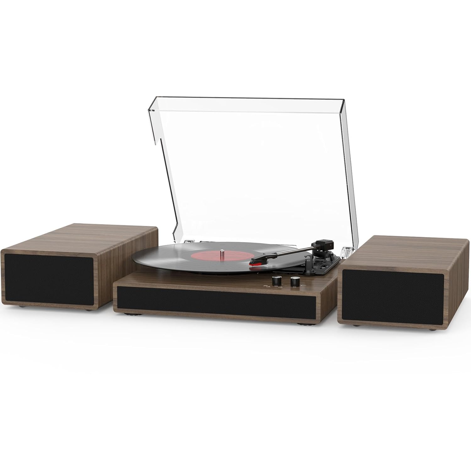 Vinyl Record Player with Dual Stereo Bookshelf Speakers Vintage Turntable with Bluetooth Wireless Playback Belt Drive 3-Speed Playback Record Player Support RCA Out Auto Stop