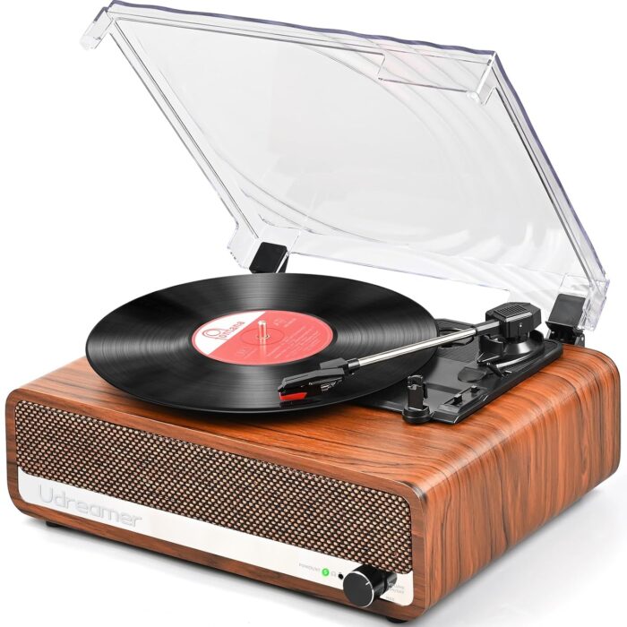 Vinyl Record Player with Upgraded Speakers,3 Speed Turntable with Latest Bluetooth 5.3, AUX Input, Headphone Jack, RCA Output and Auto Stop, Mirror Vintage Wooden Design