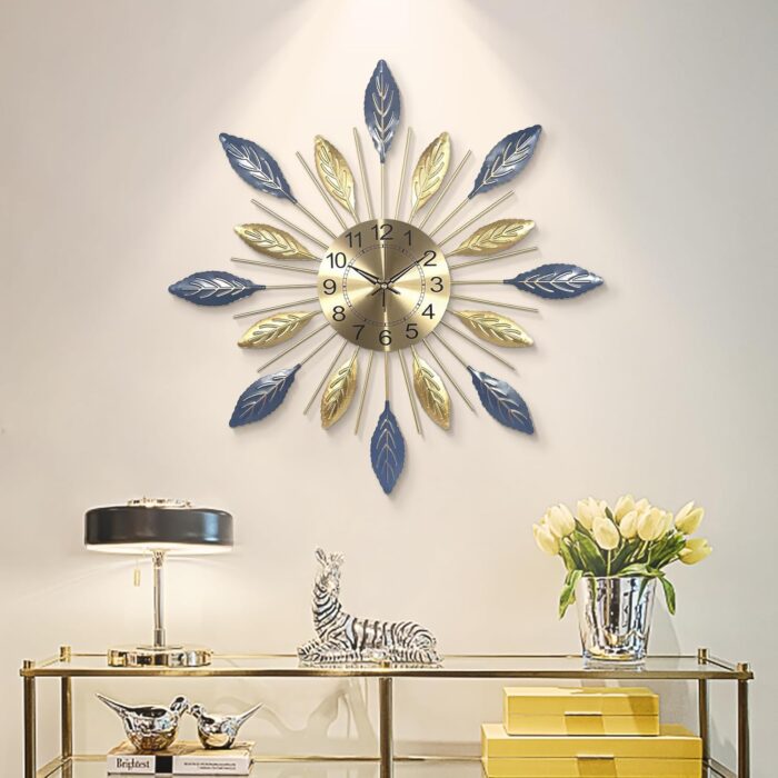 Wall Clock Large for Living Room Decorative 24 inch Clocks Silent Non Ticking Modern Metal Leaf Design for Bedroom Home,Dining Room,Kitchen 3D Wall Clock 60cm Blue Gold Color