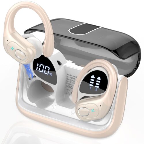 Wireless Earbuds 75hrs Bluetooth 5.4 Headphone Sport, 2025 Bluetooth Earbuds Stereo Deep Bass Over Ear Bud with Earhooks, ENC Noise Cancelling Mic, IPX7 Waterproof Earphone, Camel