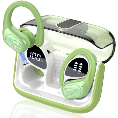 Wireless Earbuds 75hrs Bluetooth 5.4 Headphone Sport, 2025 Bluetooth Earbuds Stereo Deep Bass Over Ear Bud with Earhooks, ENC Noise Cancelling Mic, IPX7 Waterproof Earphone, Green