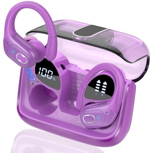 Wireless Earbuds 75hrs Bluetooth 5.4 Headphone Sport, 2025 Bluetooth Earbuds Stereo Deep Bass Over Ear Bud with Earhooks, ENC Noise Cancelling Mic, IPX7 Waterproof Earphone, Purple