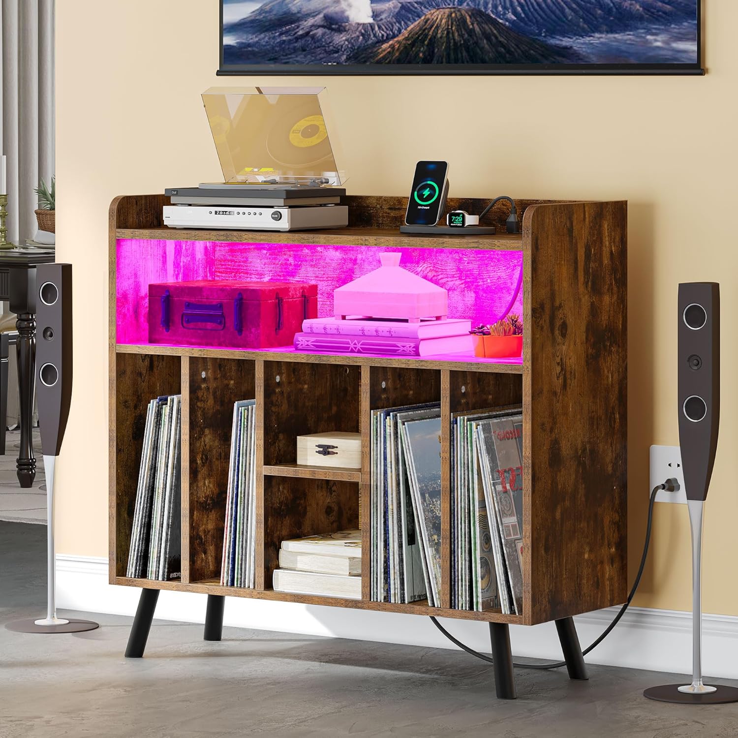 YITAHOME Record Player Stand with Power Outlets and LED Lights Holds Up to 130 Albums, Record Player Table with Storage, Vinyl Record Storage with Solid Legs for Living Room,...