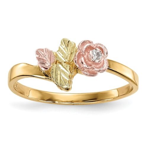10K Solid Tri Color Pink White Yellow Black Hills Gold Diamond Rose Flower Ring