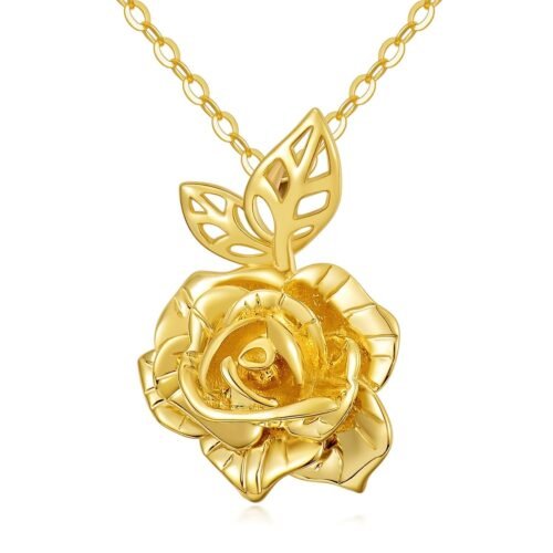 14K Gold Rose Flower Pendant Necklace Gold Flower Necklace for Women June Birth Flower Pendant Anniversary Birthday Jewelry Mothers Day Gifts for Mom Wife and Her, 16+2 Inches