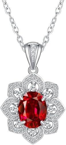 14K Gold Sweet Romantic Flower Petal Moissanite Necklace with Red Ruby Pendant -, July Birthstone Necklace, Perfect for Weddings and Anniversaries