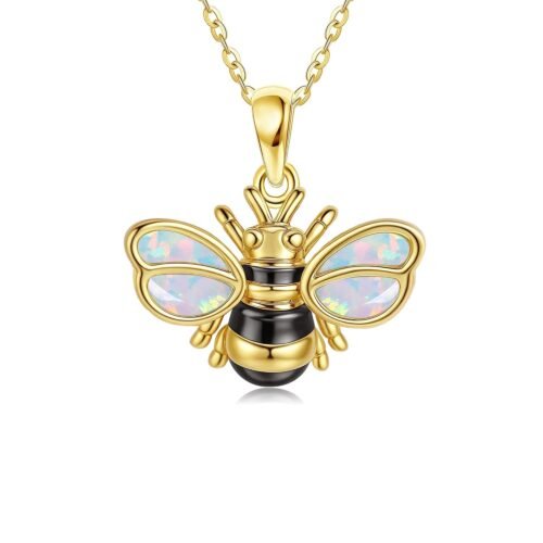 14K Real Gold Bee Necklace White Opal Bumble Bee Jewelry Gift for Women