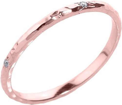 14K Rose Gold Diamond Accented Hammered Stackable Slender Ring with Starburst Engraved Flush Set Gems (J-K Color, I1-I2 Clarity)