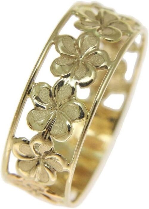 14K solid yellow gold Hawaiian plumeria flower lei ring 6.5mm size 4 to 10