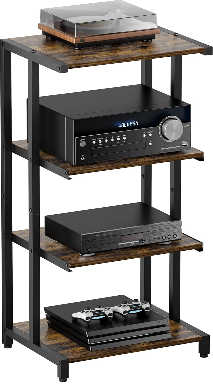 4-Tier Wooden Media Stand, AV Media Stand Corner Shelf for TV Accessories/Audiovisual Equipment/Optical Disc/PS4, Audio Storage Rack for Living Room, Gaming Room, Music Studio,…