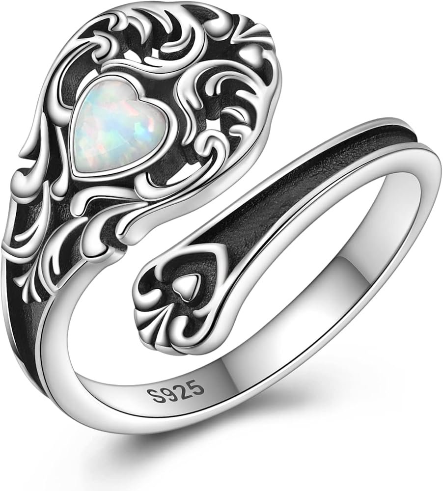 925 Sterling Silver Natural Moonstone Opal Turquoise Spoon Ring - S925 Victorian Vintage Flower Antique Open Adjustable Thumb Ring for Women