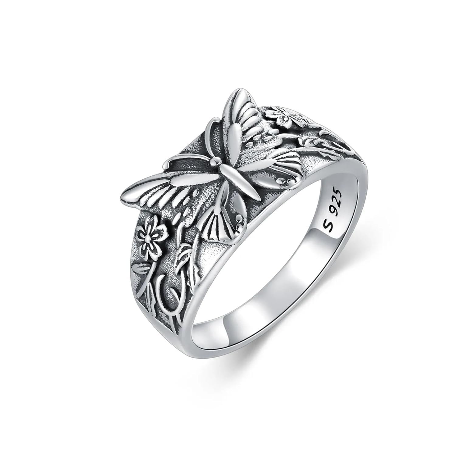 925 Sterling Silver Vintage Gothic Butterfly Mushroom Leaf Ring – Y2K Band Retro Flower Thumb Ring – Birthday Jewelry for Women Men Size 6-12