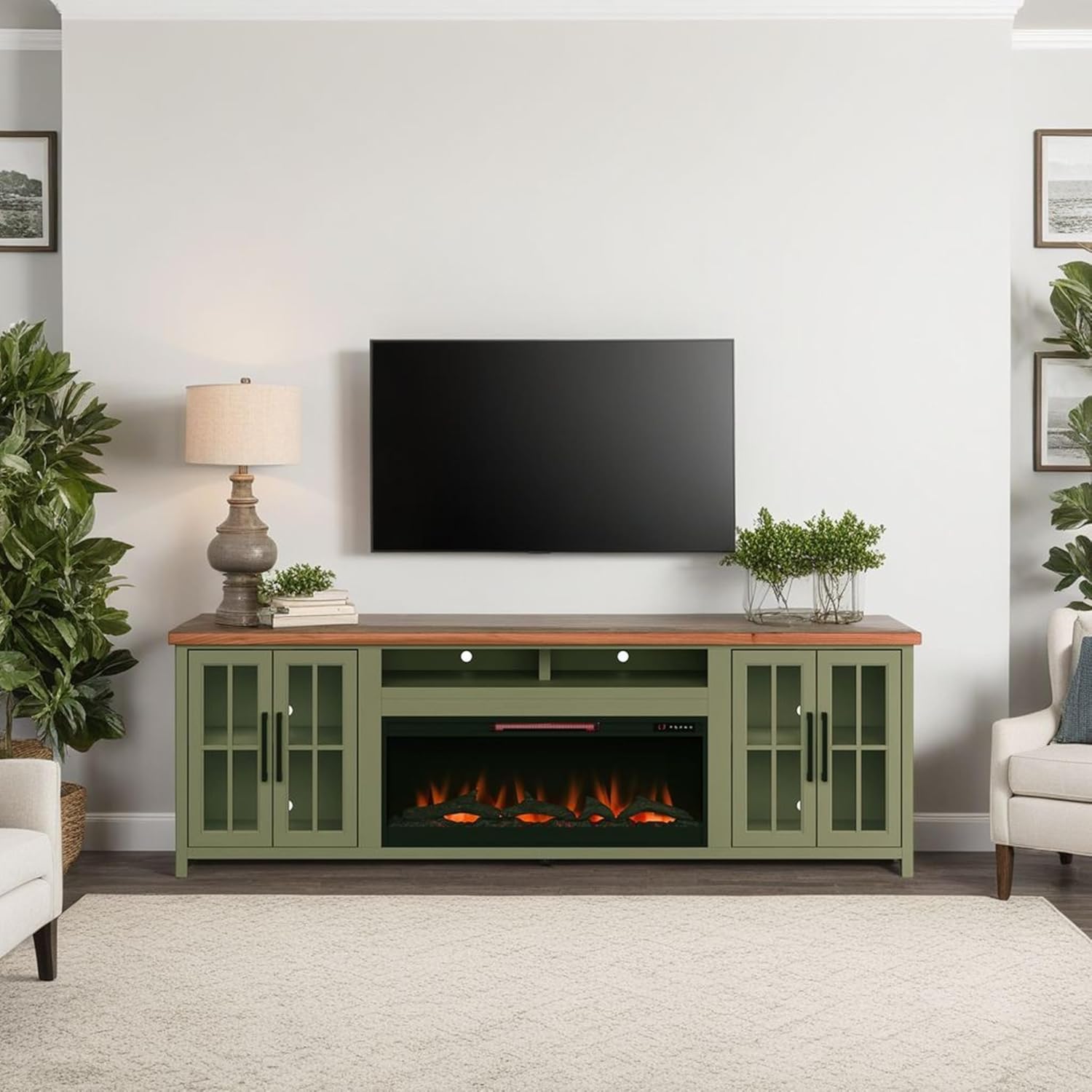 97 Inch Fireplace TV Stand: Modern Farmhouse Console for TVs up to 100″ – Sage Green & Fruitwood Finish with Electric Fireplace – Media Storage & Heating for Living Room & Home…