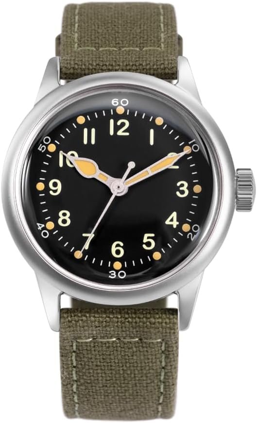 A-11 Service Watch Men’s Military Automatic Watch, 38mm/42mm Stainless Steel Case, 50M Water Resistance, Black/Beige Dial with Green/White Lume, Black/Brown/Green…
