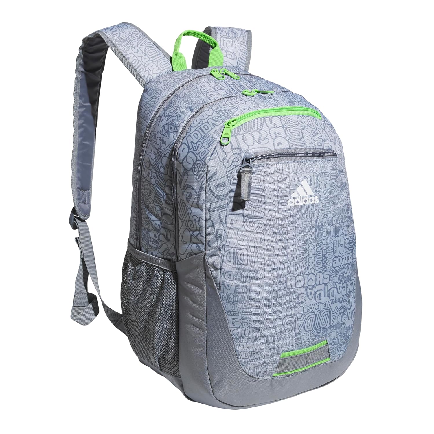 adidas Foundation Backpack for Laptop, Large Durable Athletic Gym Bag, Adi Font Madness Stone Grey/Lucid Lime Green, One Size