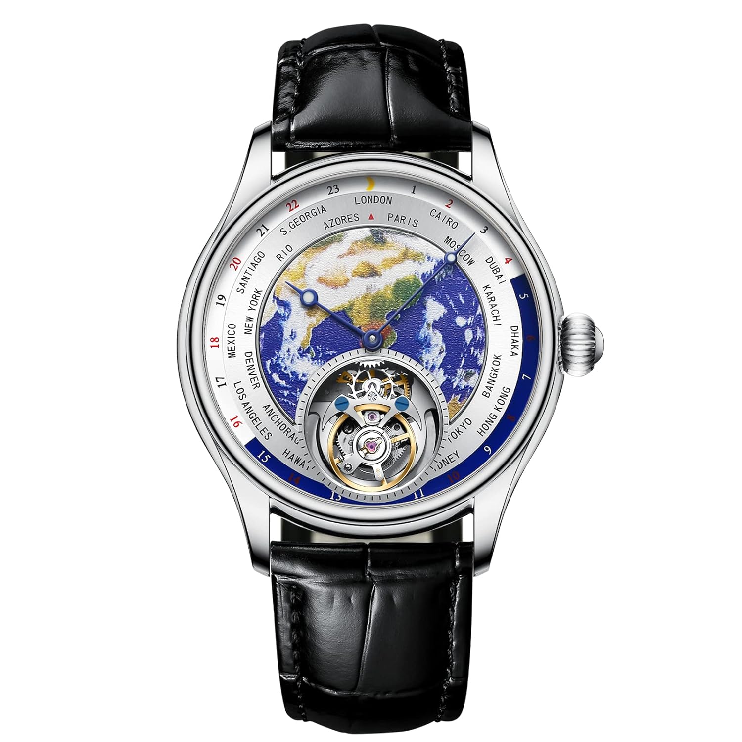 AESOP Tourbillon Mechanical Watches for Men 3D Earth Enamel Dial Hand Wind Analog Wristwatches Stainless Steel Sapphire Waterproof Luminous Dress Business Men Watch with Leather…