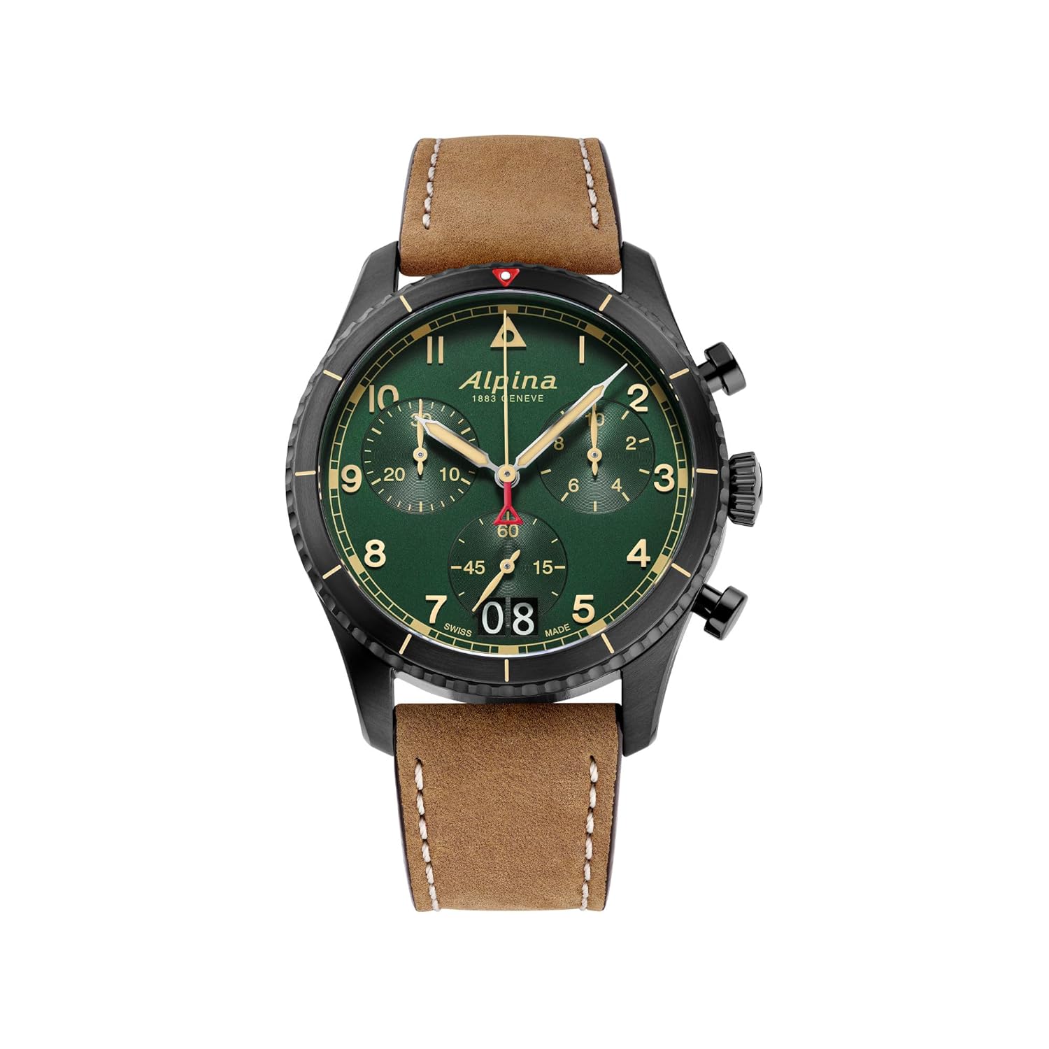 ALPINA Men’s Startimer Chronograph Big Date Swiss Made Quartz Stainless Steel Case with Brown Leather Strap Watch