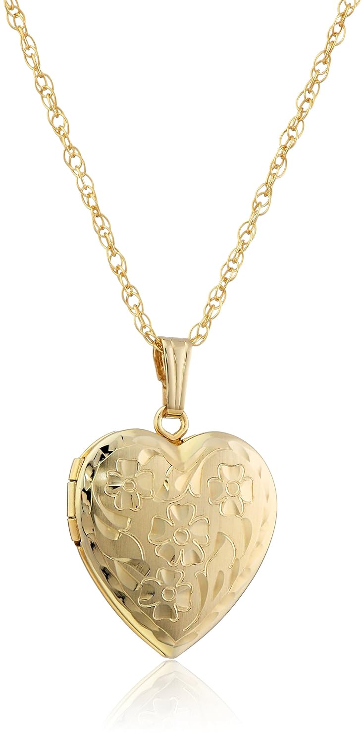 Amazon Essentials 14k Engraved Flowers Heart Locket Necklace, 18″ (previously Amazon Collection)
