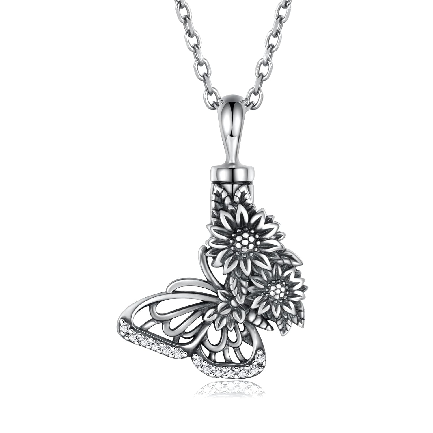 APOTIE Silver Butterfly Sunflower Urn Necklace – S925 Butterfly Ashes Keepsake Cremation Jewelry Memorial Gifts for Women Loss Loved One