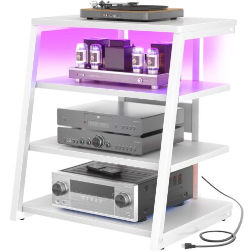 Armocity 4-Tier AV Media Stand with Power Strips, Stereo Stand with LED Lights, Audio Tower Rack with Adjustable Shelves, Small Entertainment Center, 30'', White