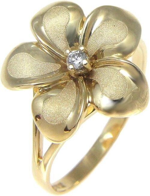 Arthur's Jewelry 14K solid yellow gold 15mm Hawaiian single plumeria flower cz ring