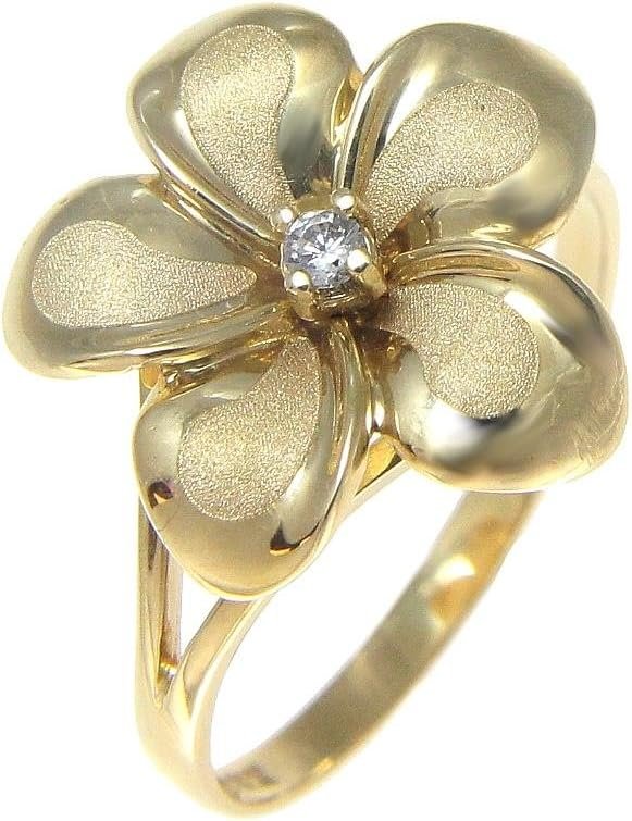 Arthur’s Jewelry 14K solid yellow gold 15mm Hawaiian single plumeria flower cz ring