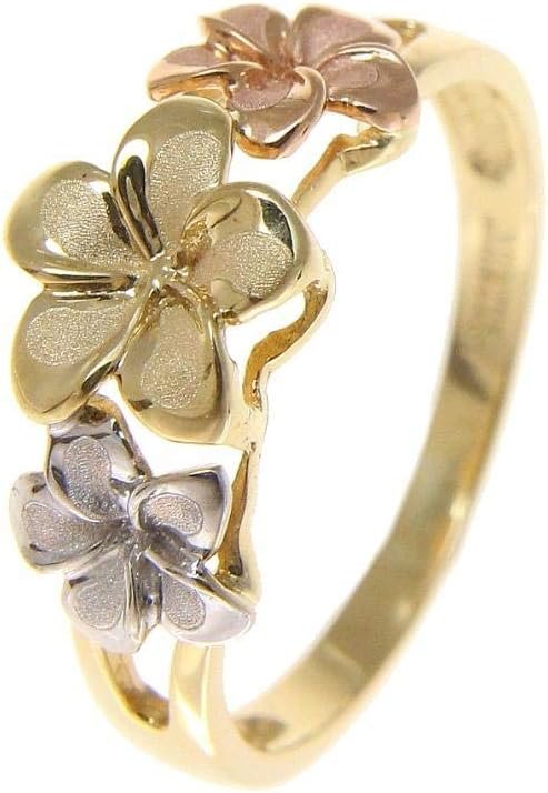 Arthur’s Jewelry Solid 14k tricolor gold 6.5mm-8mm-6.5mm Hawaiian plumeria flower ring size 5 to 12