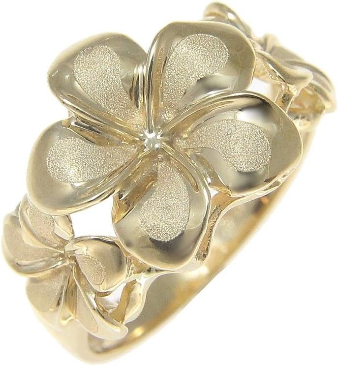 Arthur’s Jewelry Solid 14k yellow gold 8.5mm-13mm-8.5mm Hawaiian plumeria flower ring